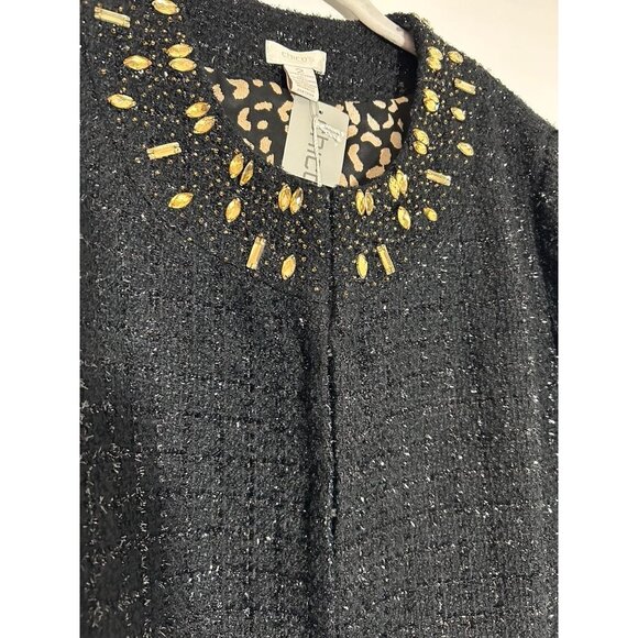 Chico's Ani-Glam Tweed Metallic & Beaded Long Jacket Coat in Black - Sz 2 (L) - Picture 3 of 6